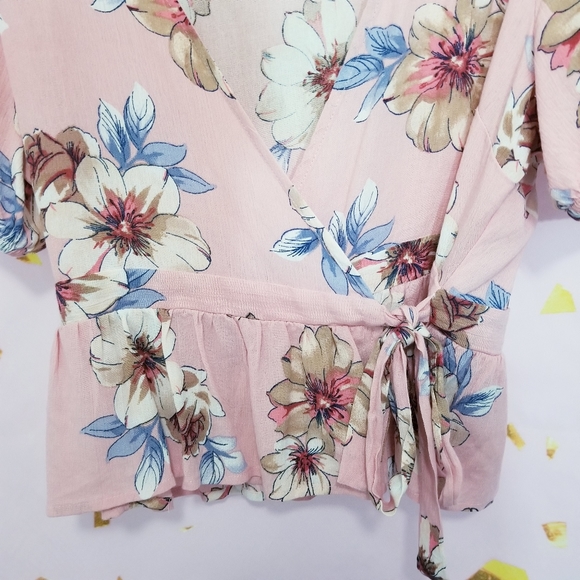 Boho Floral Tropical Side Tie Wrap Blouse Top - Picture 3 of 6